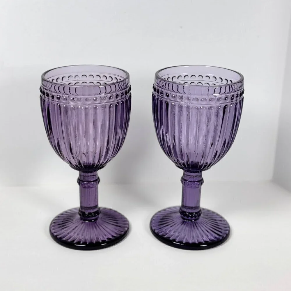 VTG Rosanna Wine Glasses 8 OZ Purple Mouth-Blown Thick Glass Fancy  2PCs
